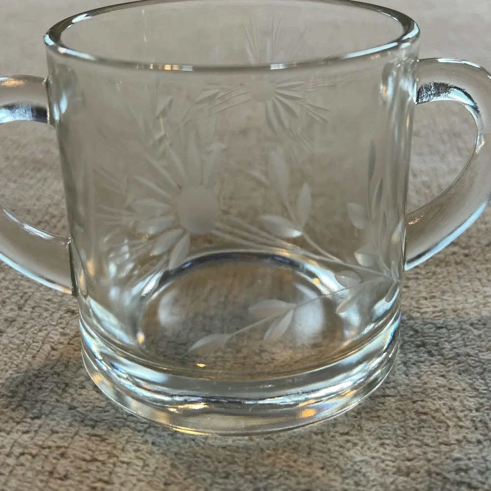 Vintage Etched Glass Cream and Sugar Set Floral Daisy Pattern Clear Glass Pair